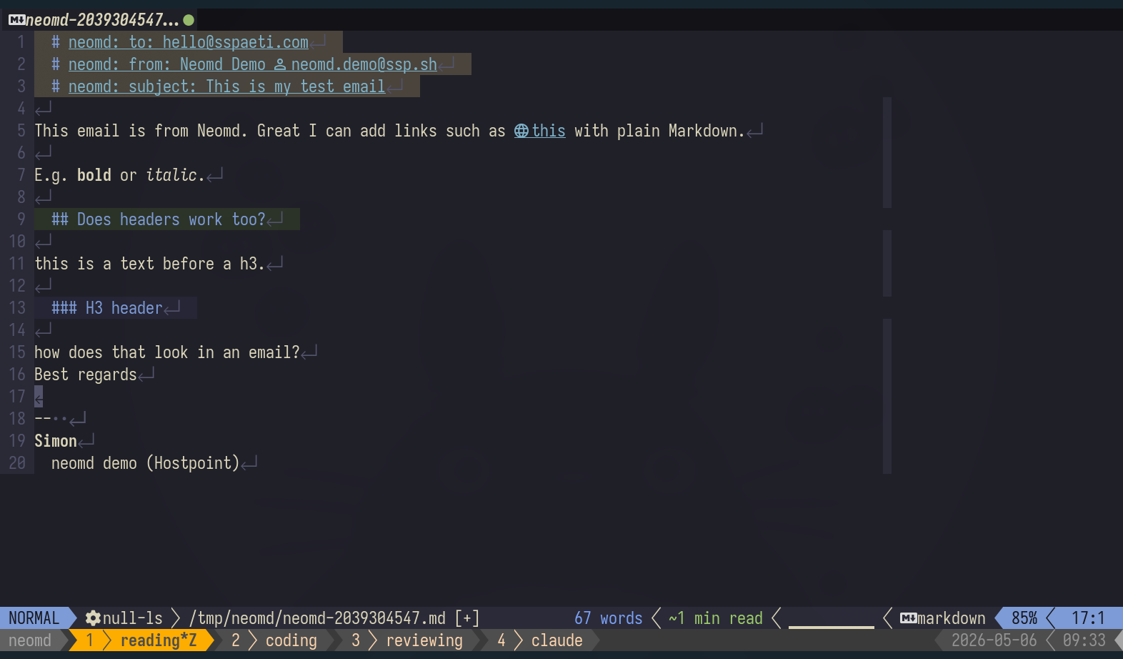 neomd in neovim with rendered markdown